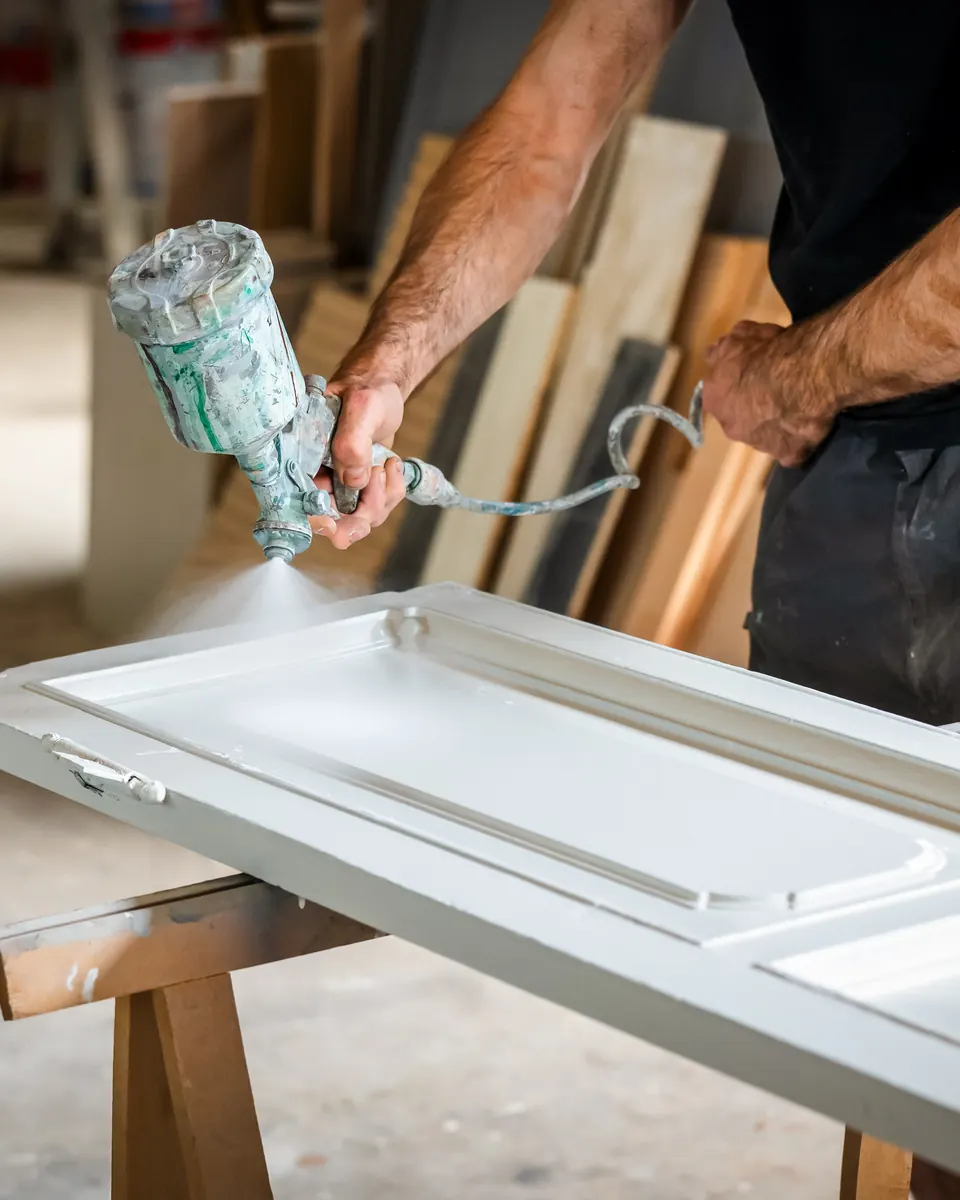 Craftsman spray painting a white paneled door on sawhorses in a workshop